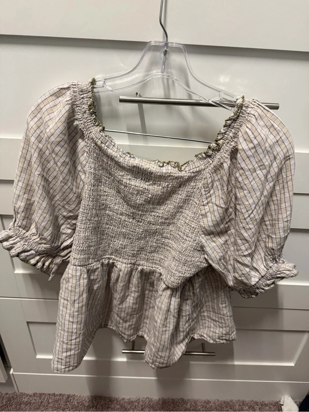 Old Navy Cream and Tan Plaid Smocked Peasant Blouse